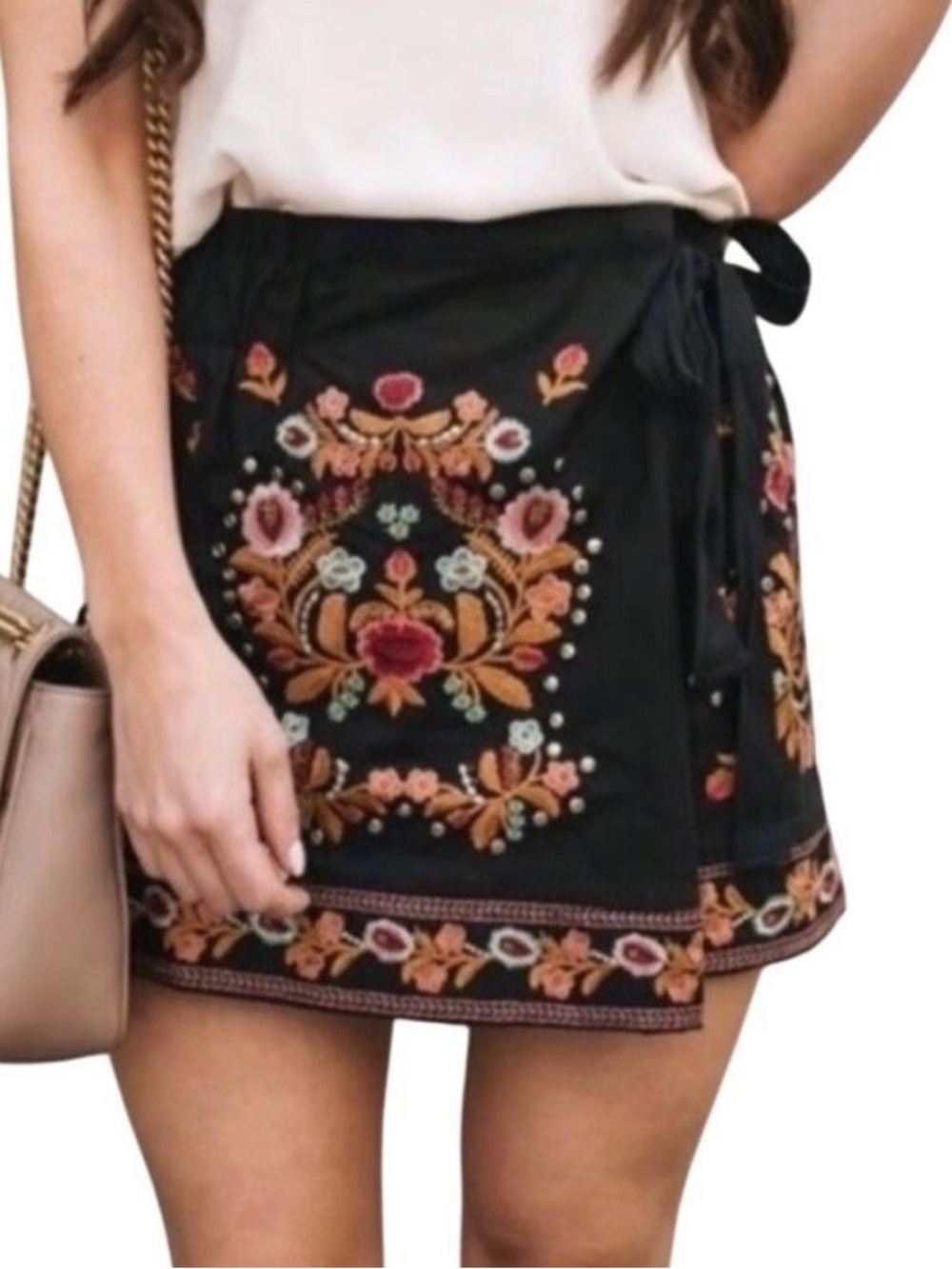 Zara Boho Embroidered Black Tie Waist Skort Skirt Shorts Size Small